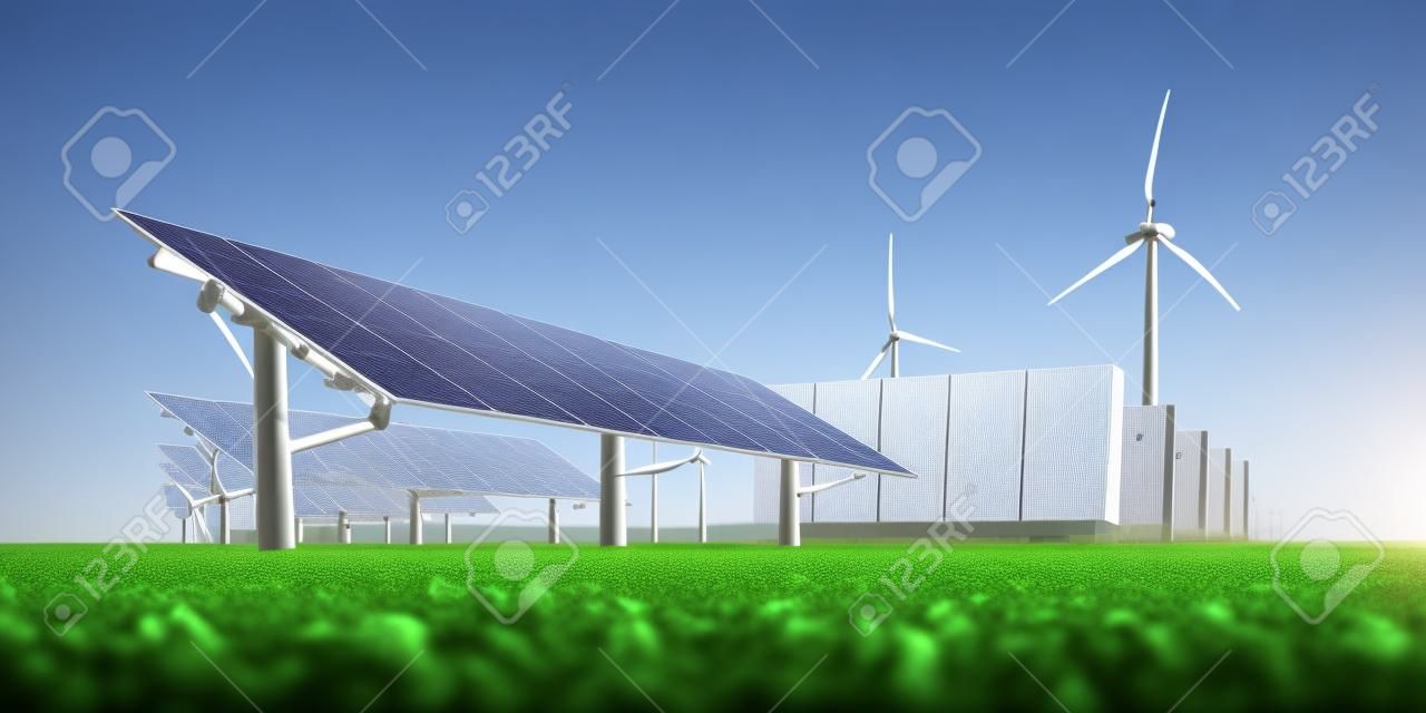Konzept der erneuerbaren Energiespeicherung Moderne schwarze Photovoltaik, modulares Batteriespeichersystem und eine Windkraftanlage im Hintergrund. 3D-Rendering.