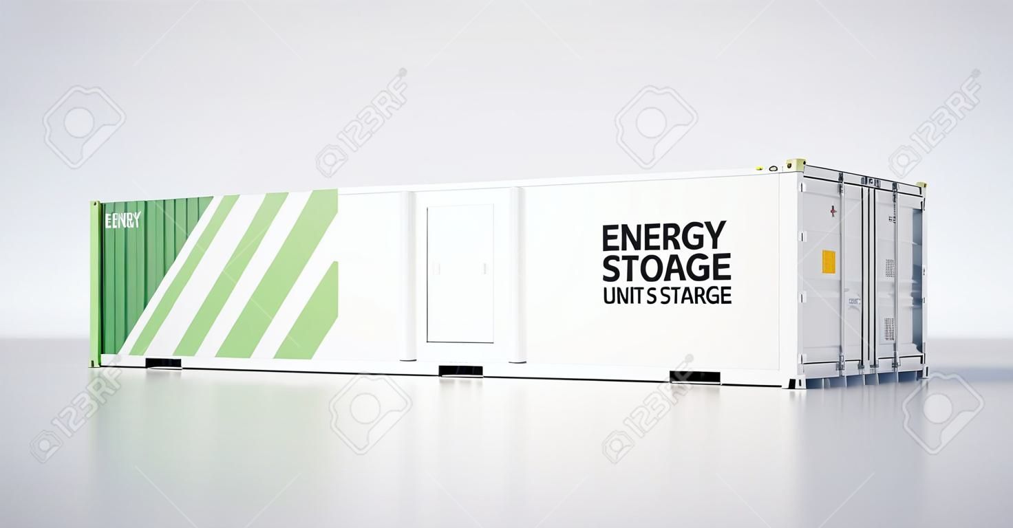 Concept of energy storage unit - multiple conected containers with batteries. 3d rendnering.