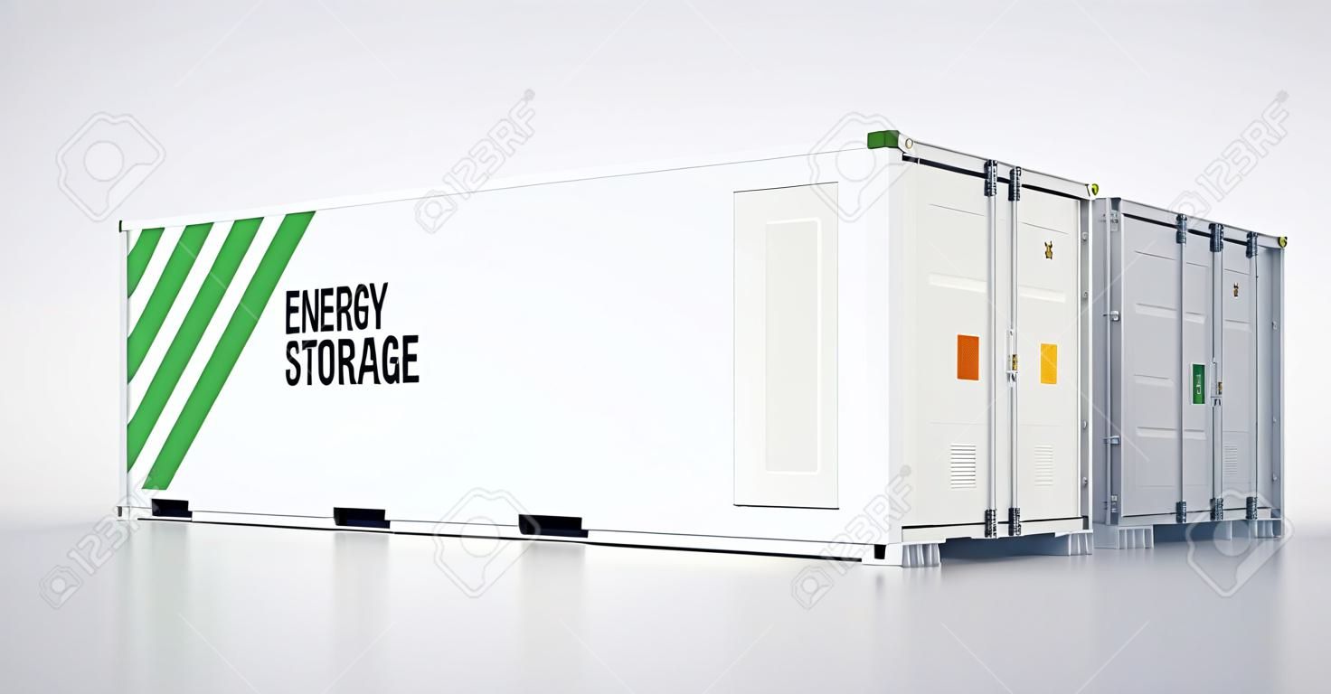 Concept of energy storage unit - multiple conected containers with batteries. 3d rendnering.