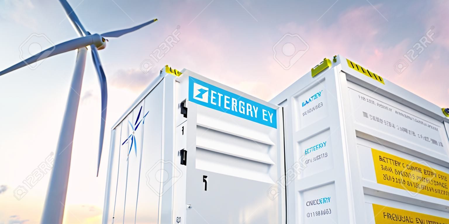 Koncepcyjny obraz nowoczesnego systemu magazynowania energii baterii z turbinami wiatrowymi i elektrowniami paneli słonecznych w tle. renderowania 3D