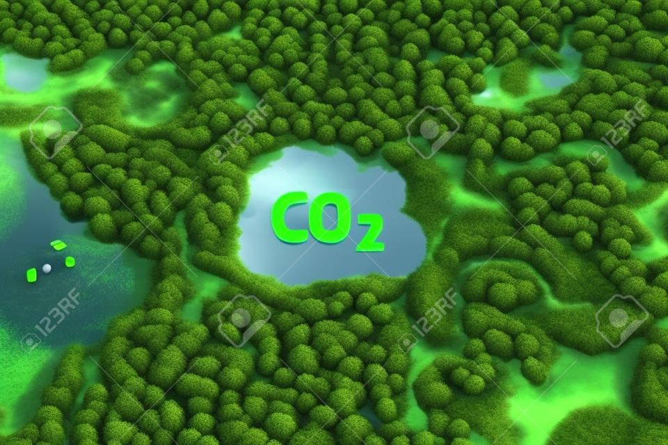 Concept raffigurante il problema delle emissioni di anidride carbonica e il suo impatto sulla natura sotto forma di un laghetto a forma di simbolo di co2 situato in una foresta lussureggiante. rendering 3D.