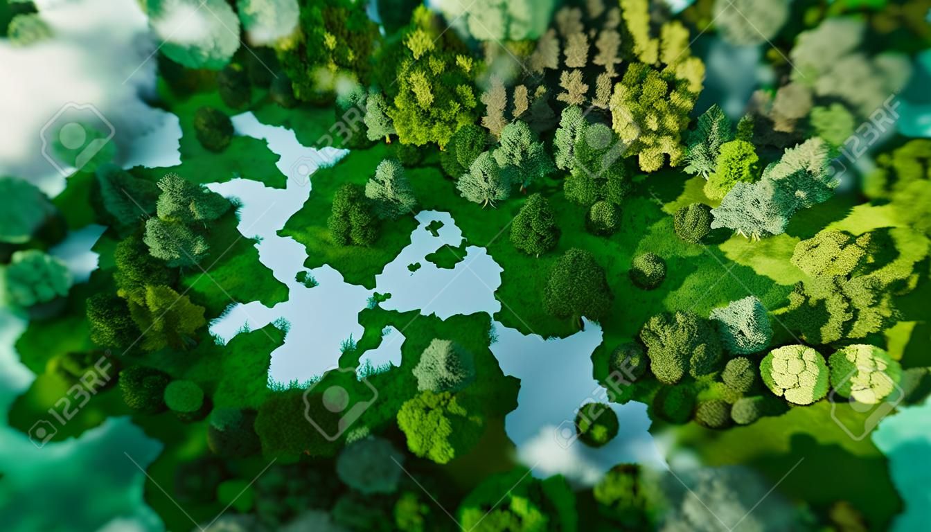 Un lac en forme de continents du monde au milieu d'une nature intacte. Une métaphore pour les voyages écologiques, la conservation, le changement climatique, le réchauffement climatique et la fragilité de la nature.3d rendu