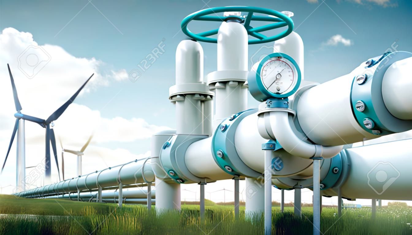 Un pipeline d'hydrogène illustrant la transformation du secteur de l'énergie vers des sources d'énergie écologiques, neutres en carbone, sûres et indépendantes pour remplacer le gaz naturel. rendu 3d