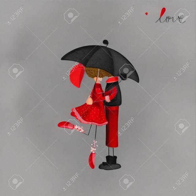 Ragazza che bacia ragazzo sotto l'ombrello. San Valentino giornata illustrazione