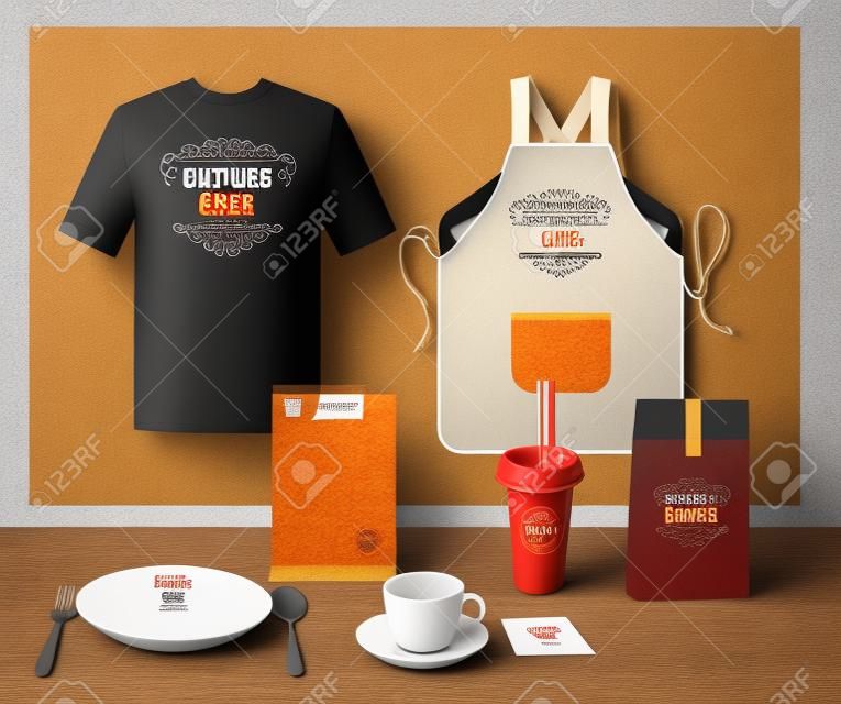 hamburger Restaurant Cafe insieme volantino, menu, il pacchetto, t-shirt, tazza, uniforme design / layout set di modello di corporate identity.