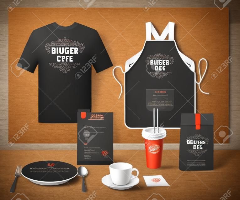 hamburger Restaurant Cafe insieme volantino, menu, il pacchetto, t-shirt, tazza, uniforme design / layout set di modello di corporate identity.