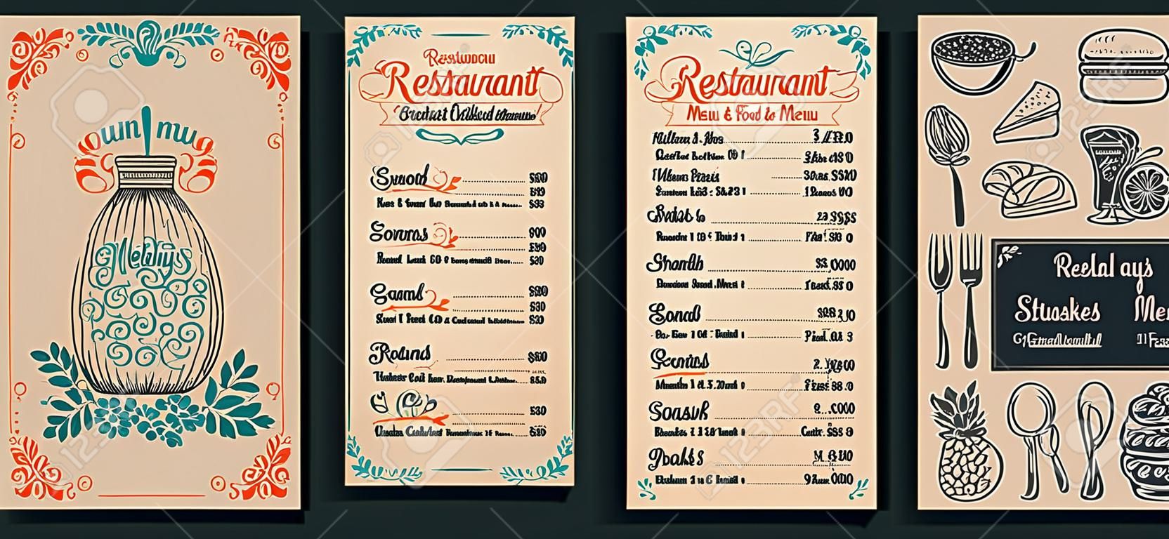 餐廳食品菜單複古設計與黑板背景矢量格式圖