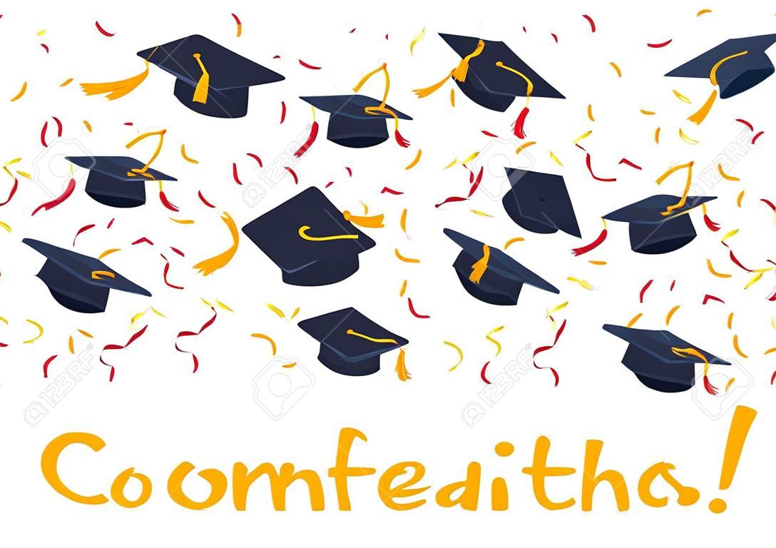 Caps de pós-graduação e confete em um fundo branco. Caps jogado para cima