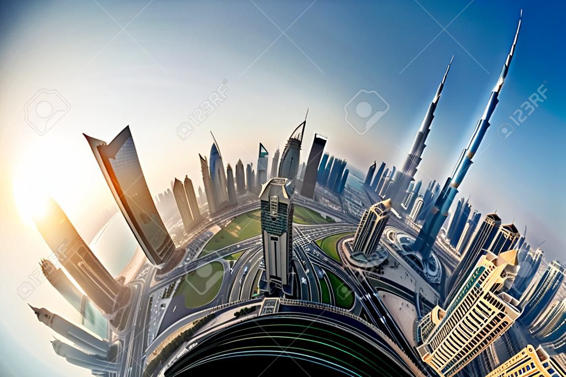 Dubai skyline at sunrise, Little Planet effect. panoramic aerial top view to downtown city landmarks. Famous viewpoint, United Arab Emirates