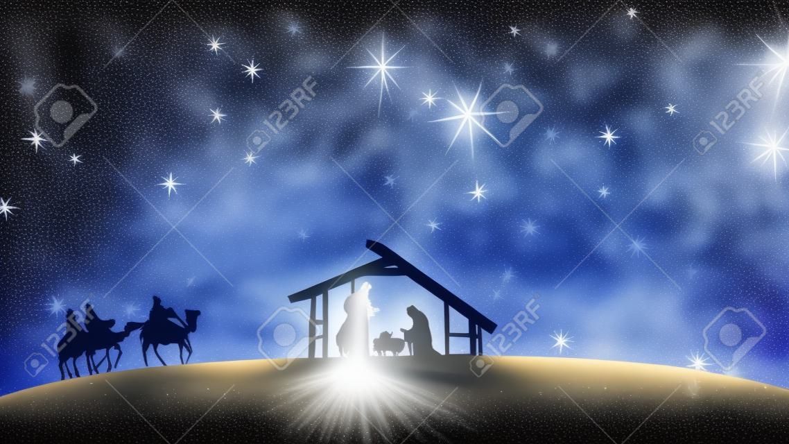 Scène de Noël avec des étoiles scintillantes et une étoile plus brillante de Bethléem avec des personnages de la nativité animés d'animaux et d'arbres. Histoire de Noël de la Nativité sous un ciel étoilé et des nuages vaporeux en mouvement.