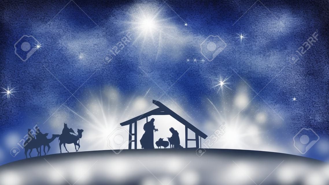 Scène de Noël avec des étoiles scintillantes et une étoile plus brillante de Bethléem avec des personnages de la nativité animés d'animaux et d'arbres. Histoire de Noël de la Nativité sous un ciel étoilé et des nuages vaporeux en mouvement.