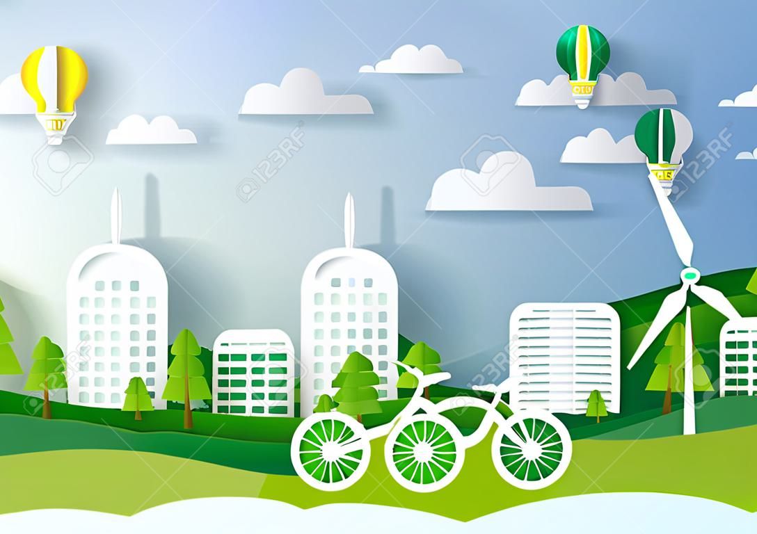 Conception de concept d'énergie verte. Style art papier d'éco concept de ville et de conservation de l'environnement. Illustration vectorielle.