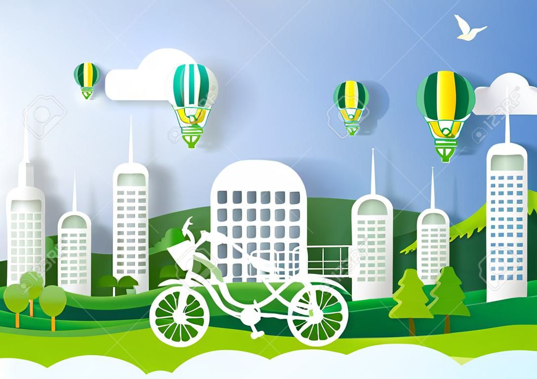 Green energy concept design.Paper art style of eco city concept and environment conservation.Vector illustration.