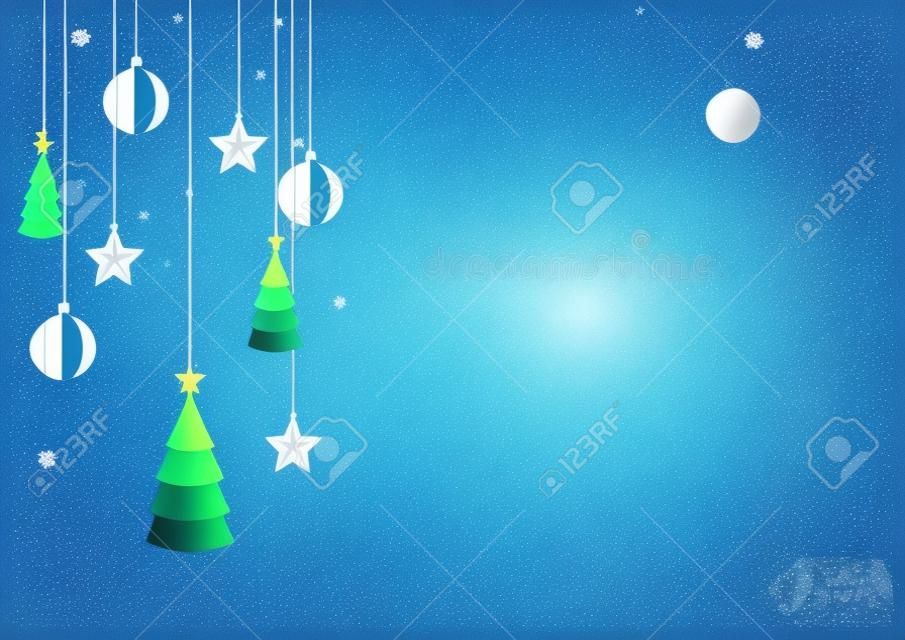 Stars,christmas trees and christmas ball hanging on blue sky winter season background for merry christmas and happy new year paper art style.Vector illustration.