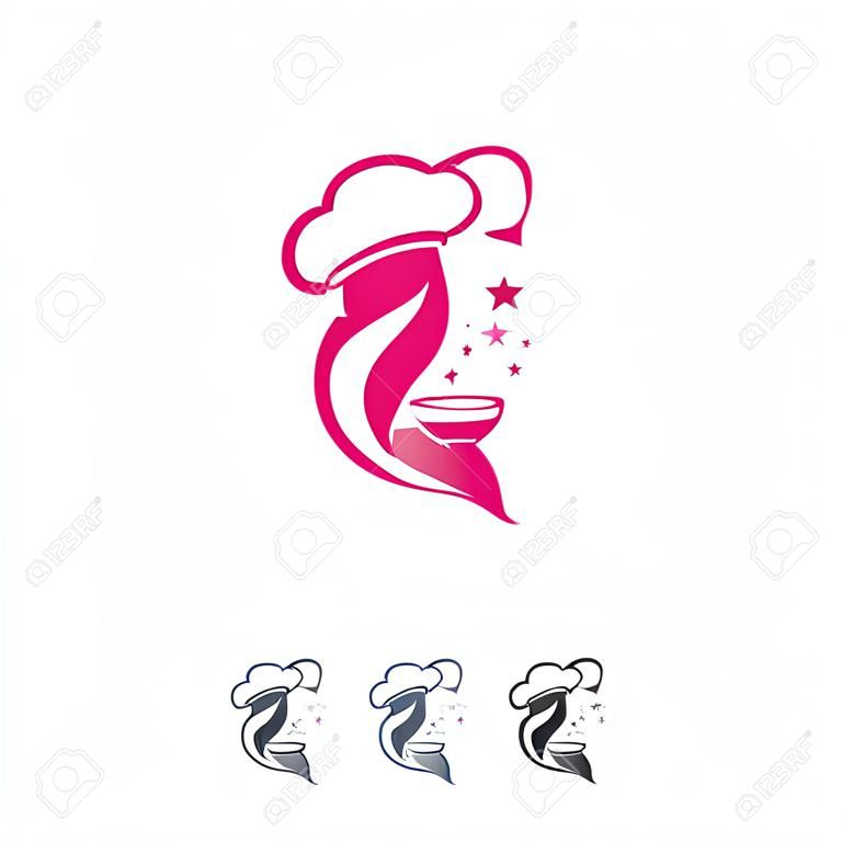 Kobieta kucharz i ciasto logo wektor zestaw ilustracji