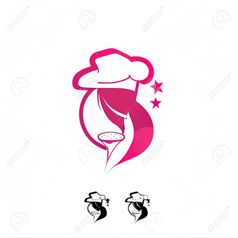 Chef mujer y pastel logo vector ilustración conjunto