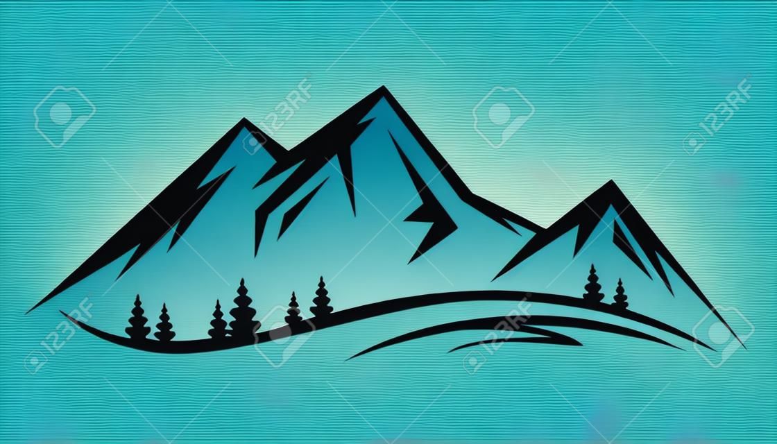 Natura del paesaggio di vettore astratto o silhouette di vista montagna all'aperto. Montagne e icone di viaggio per organizzazioni turistiche o eventi all'aperto e tempo libero in montagna