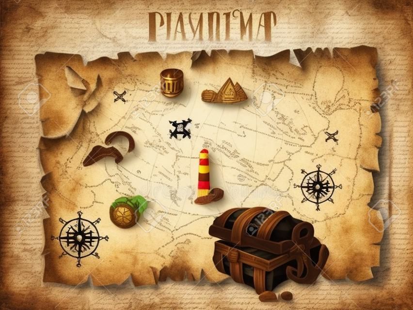 Old pirate map on ancient paper. Map on parchment. Pirate adventures with treasure island. Vector illustration