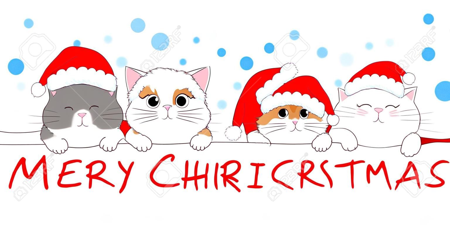 Merry Christmas banner with cute kittens. Collection of Christmas cats, Merry Christmas. Kitten holidays cartoon character. Doodle style. Vector illustration