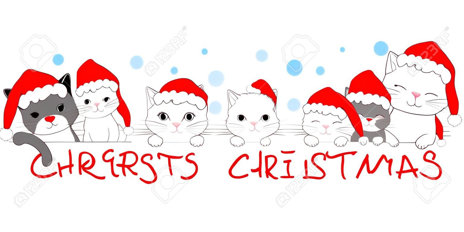 Merry Christmas banner with cute kittens. Collection of Christmas cats, Merry Christmas. Kitten holidays cartoon character. Doodle style. Vector illustration