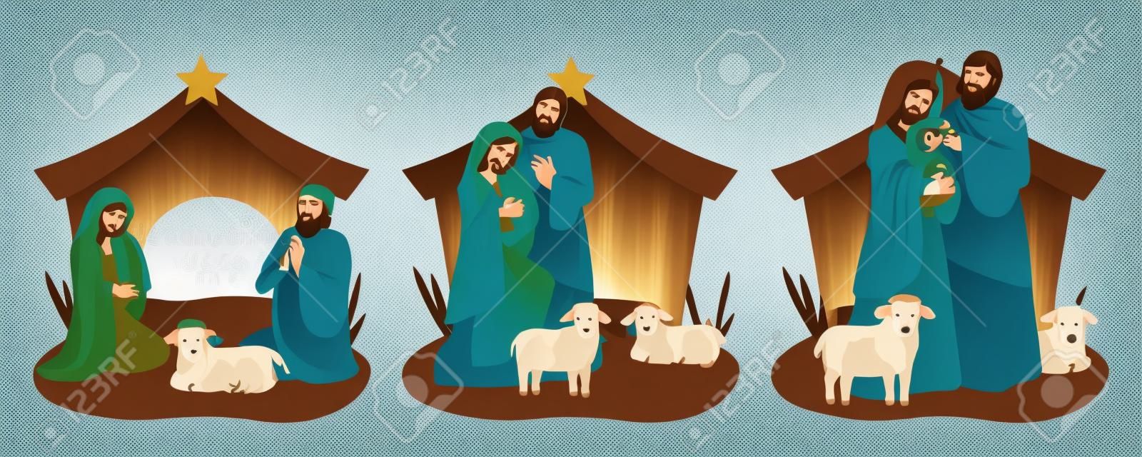 Jezus in een kribbe met Maria en Jozef met een dier. Jezus wordt geboren in een stal. Kerstmis 2021 Vector illustratie.
