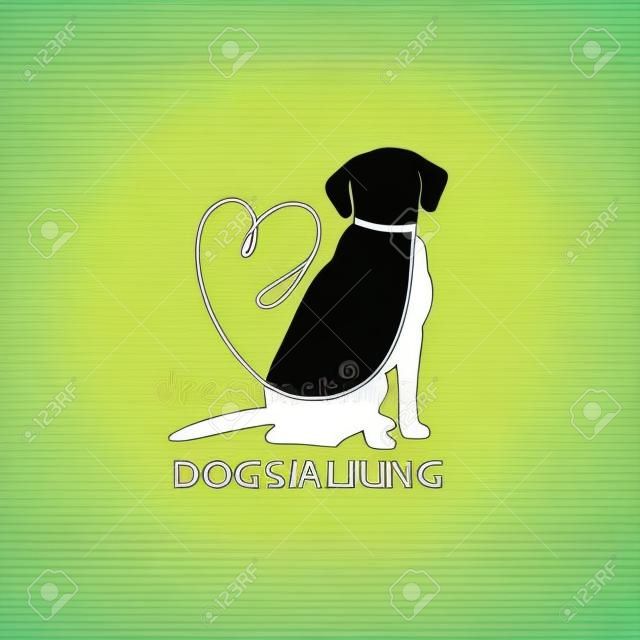 Pies chodzić logo szablon z siedzący pies sylwetka. Ilustracja wektorowa
