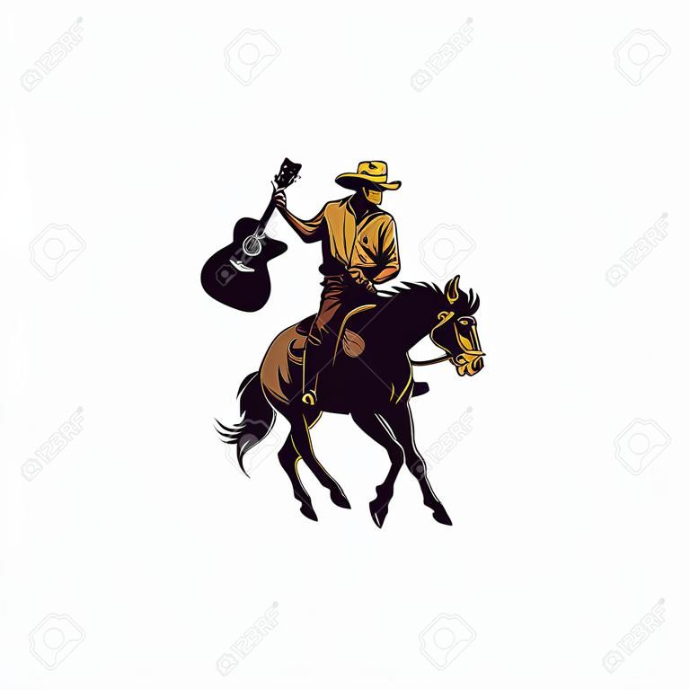 Modello di logo di un cowboy a cavallo che porta una chitarra