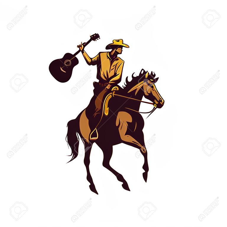 Plantilla de logotipo de un vaquero a caballo que lleva una guitarra