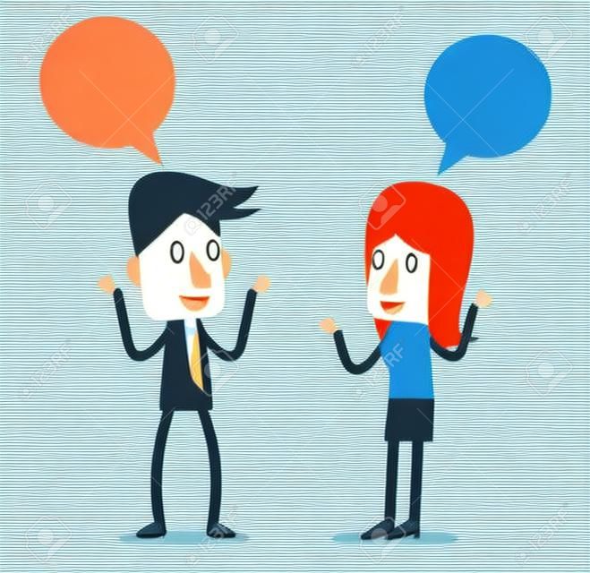 Két üzletemberek beszélnek és megvitatása. lapos karakter design. vektoros illusztráció
