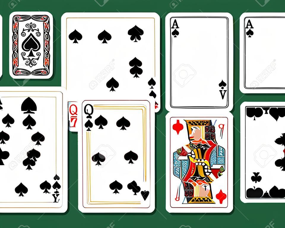 Set of playing cards on green background  The figures are original design as well as the jolly, the ace of spades and the back card  