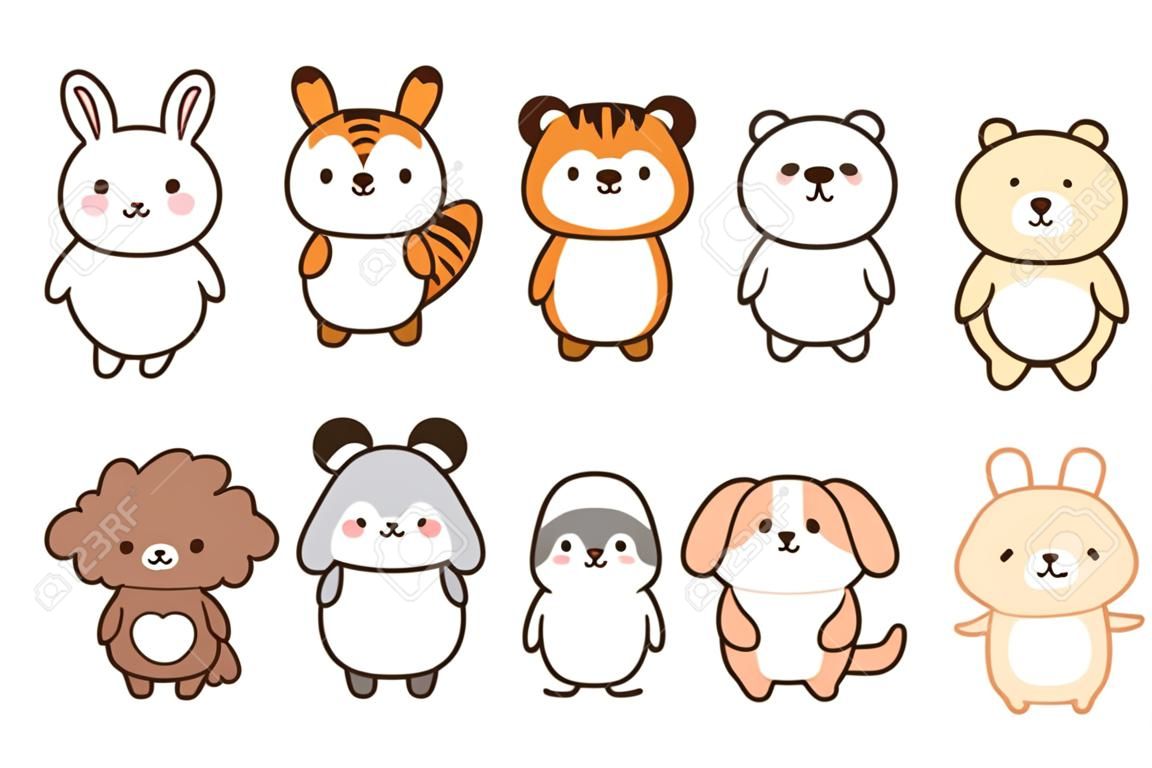 Conjunto de animais bonitos na mão drawn.Cartoon character design collection.Rabbit,tiger,panda,bear,dog,penguin,fog doodle.Kid graphic.Kawaii concept.Vector.Ilustration