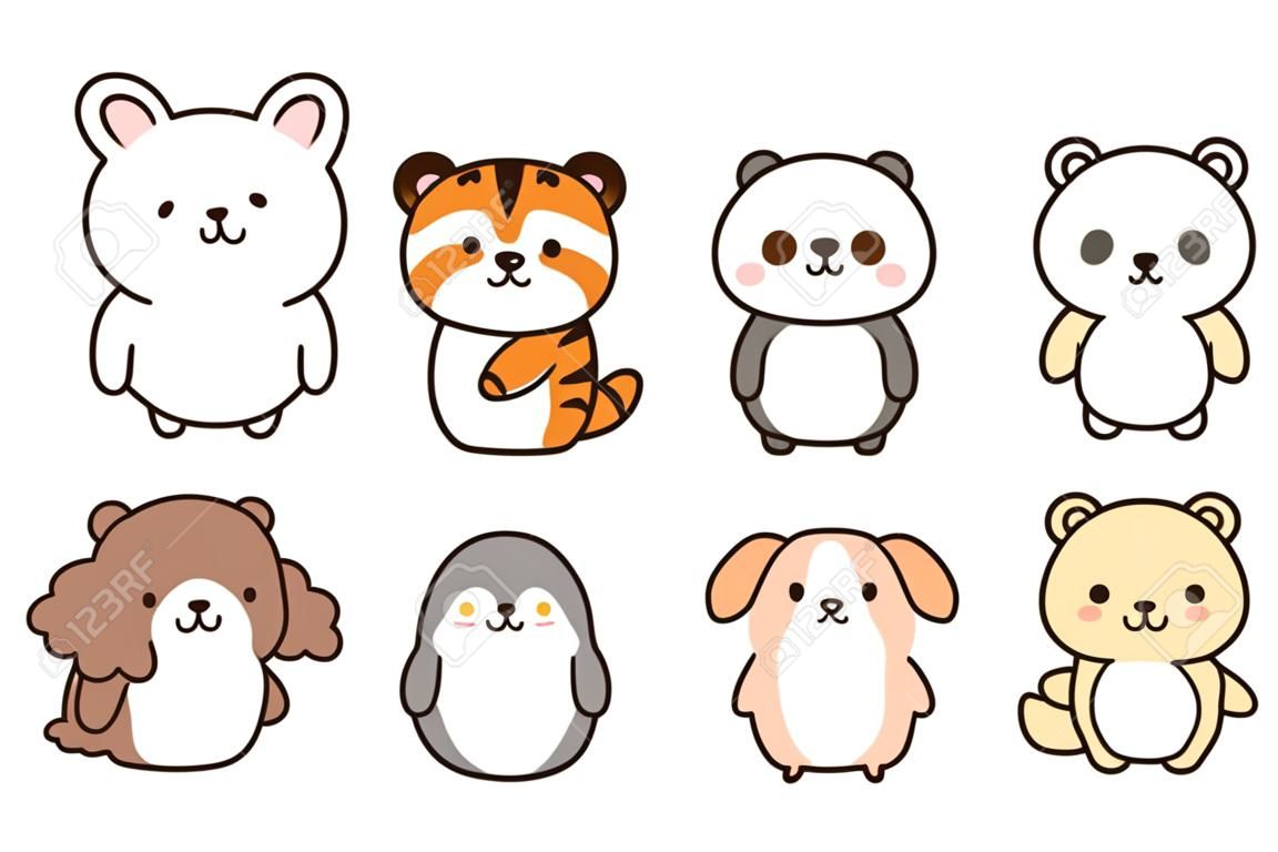 Conjunto de animais bonitos na mão drawn.Cartoon character design collection.Rabbit,tiger,panda,bear,dog,penguin,fog doodle.Kid graphic.Kawaii concept.Vector.Ilustration