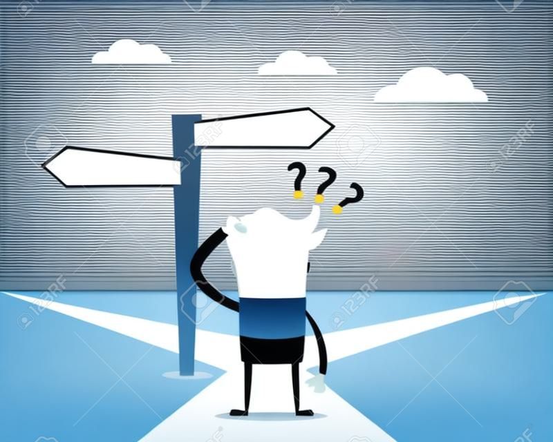 Business Concept, Businessman Confused On Crossroad Cartoon Vector Illustration