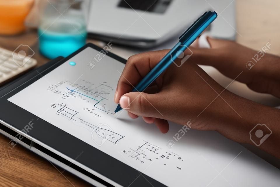 Young university professor is doing online lecture for his students from home during lockdown. He is using 2 in 1 convertible laptop and is writing math formulas with stylus pen