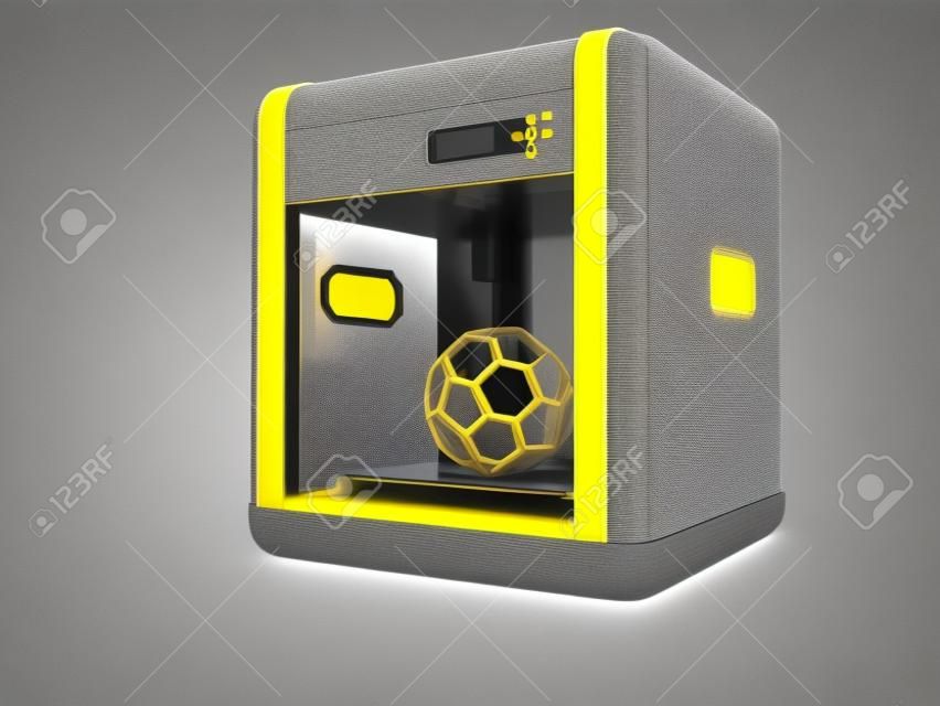 Modern gray 3d printer with yellow geometric figure inside for home use 3d render on white background no shadow