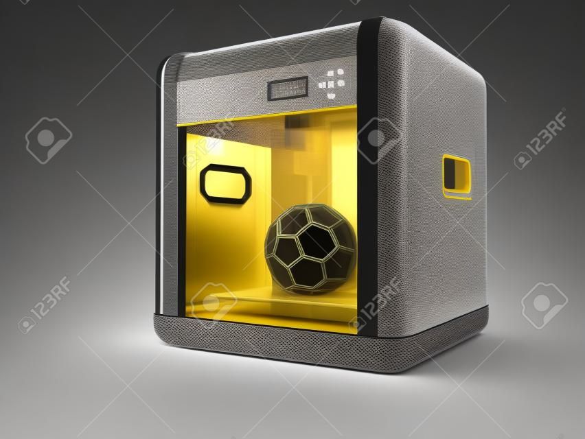 Modern gray 3d printer with yellow geometric figure inside for home use 3d render on white background no shadow