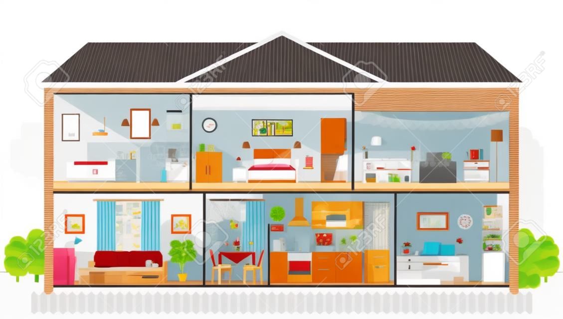 House interior. Vector. Cartoon house cross section. Home inside, in cut. Rooms bedroom, living room, kitchen, office, bathroom, nursery. Cutaway building with roof. Illustration in flat design.