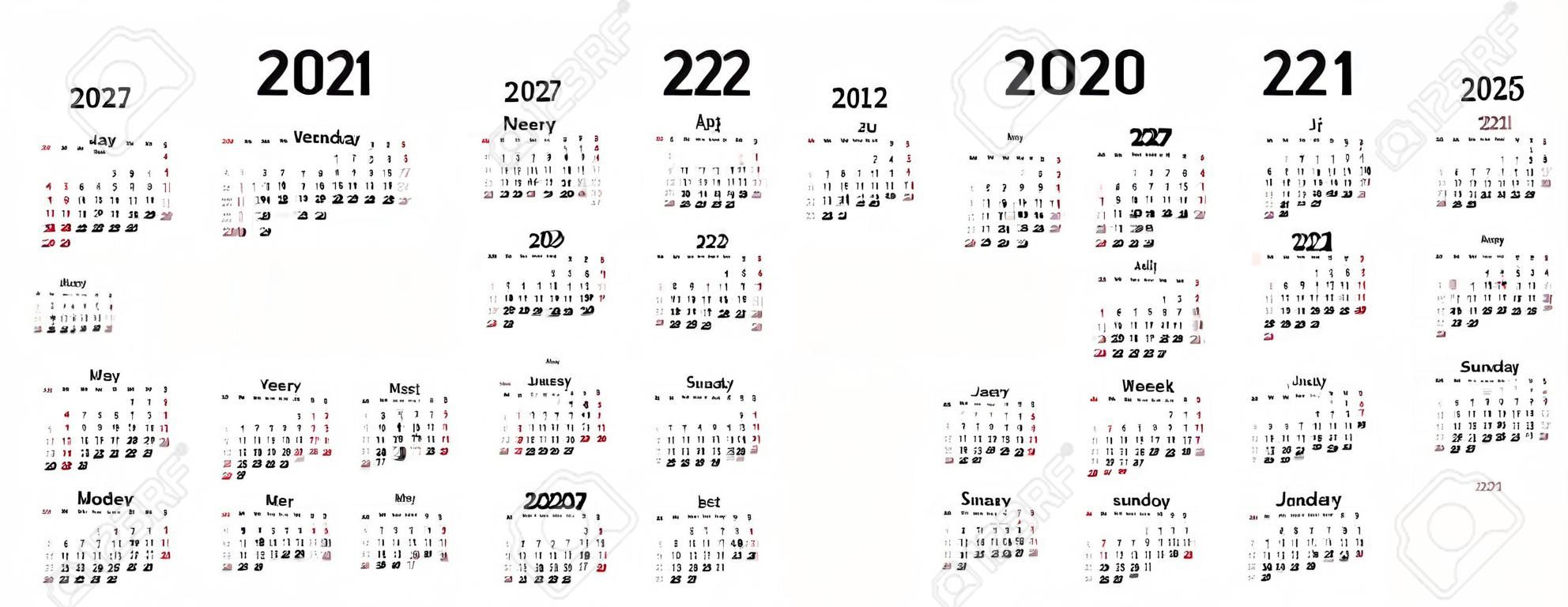 Kalendarz 2020, 2019, 2021, 2022, 2023, 2024, 2025, 2026, 2027 lat. Wektor. Tydzień zaczyna się w niedzielę. Szablon papeterii w minimalistycznym stylu. Roczny kalendarz kalendarzowy na tygodnie. Orientacja krajobrazu.
