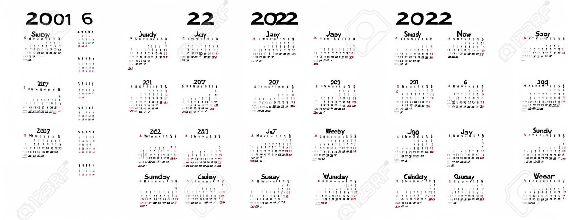 Calendario 2020, 2019, 2021, 2022, 2023, 2024, 2025, 2026, 2027 anni. Vettore. La settimana inizia domenica. Modello di cancelleria dal design minimale. Organizzatore del calendario annuale per settimane. Orientamento orizzontale.