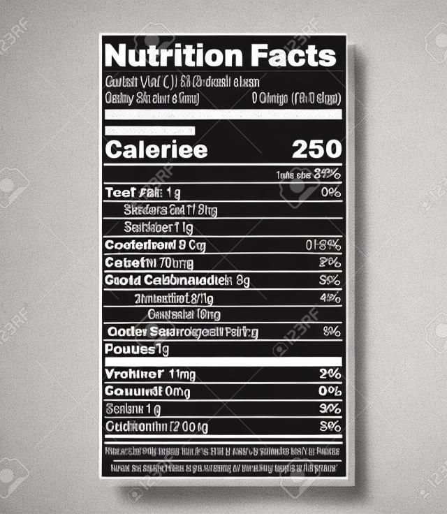 ラベル栄養の事実。ベクトル。毎日の価値を持つ食品情報。パッケージ テンプレート。データテーブル成分カロリー、脂肪、砂糖、コレステロール。グレーの背景に分離された標準の垂直デザイン