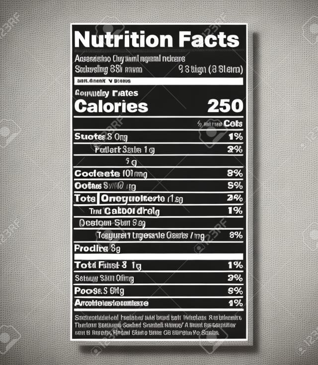 Etykieta Fakty żywieniowe. Wektor. Informacje o żywności o wartości dziennej. Szablon pakietu. Tabela danych składników kalorii, tłuszczu, cukru, cholesterolu. Standardowa konstrukcja pionowa na szarym tle