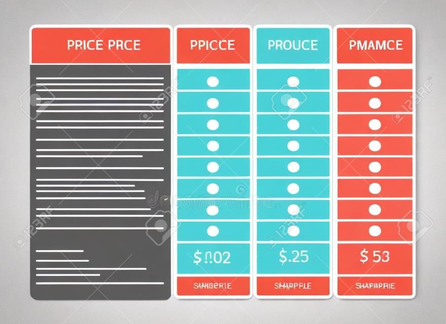 Table price template. Comparison plan chart. Vector. Pricing data grid with 3 columns. Checklist compare tariff banner. Comparative spreadsheets with options. Color illustration. Flat simple design