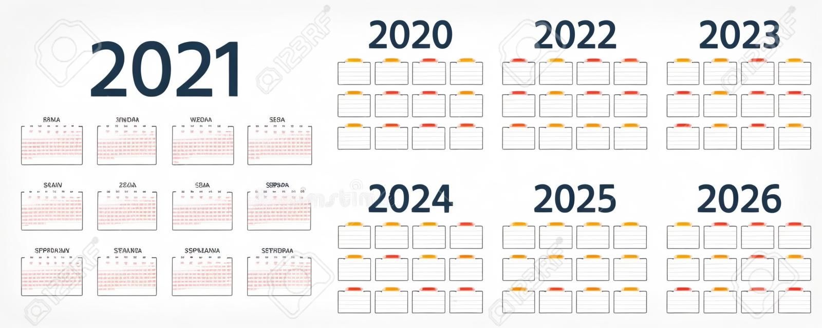 Spanish Calendar 2021, 2022, 2023, 2024, 2025, 2026, 2020 years. Vector. Week starts Monday. Spain calender template. Yearly stationery organizer in simple design. Simple illustration.