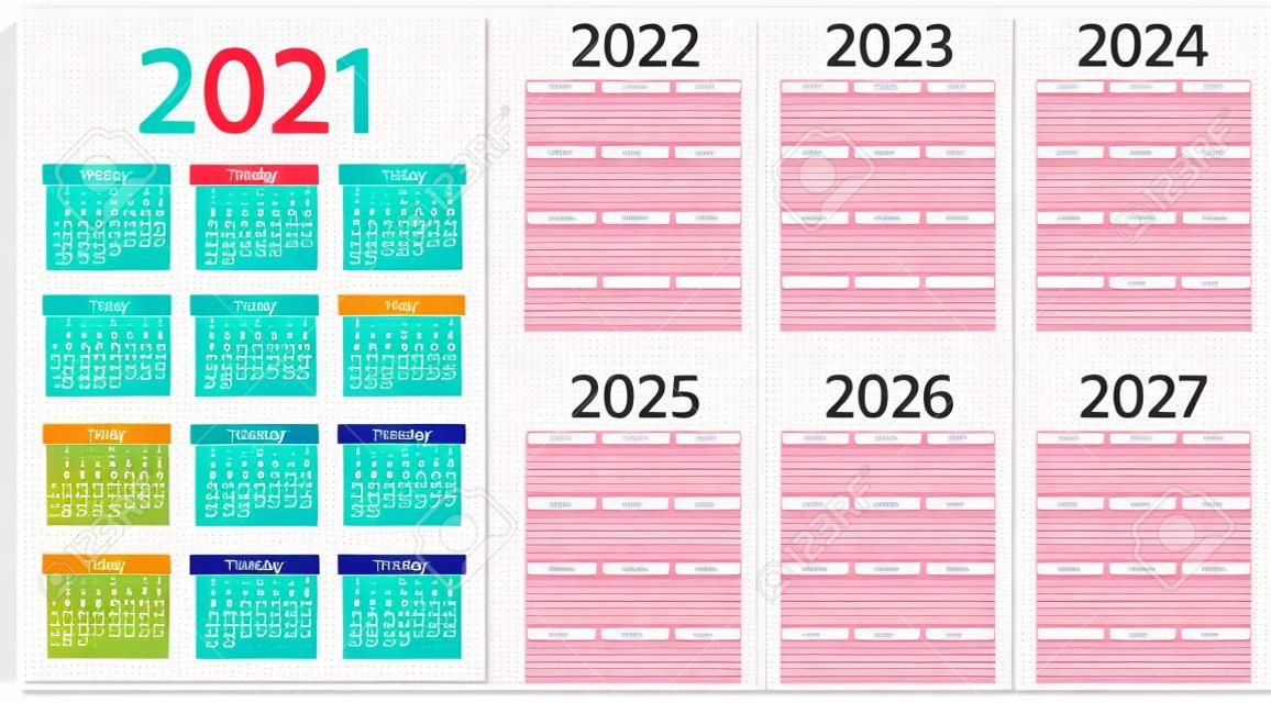 Calendario 2021, 2022, 2023, 2024, 2025, 2026, 2027 años. La semana comienza el domingo. Plantilla de año simple de calendarios de bolsillo o de pared. Organizador anual. Diseño de color de papelería. Orientación vertical, inglés.