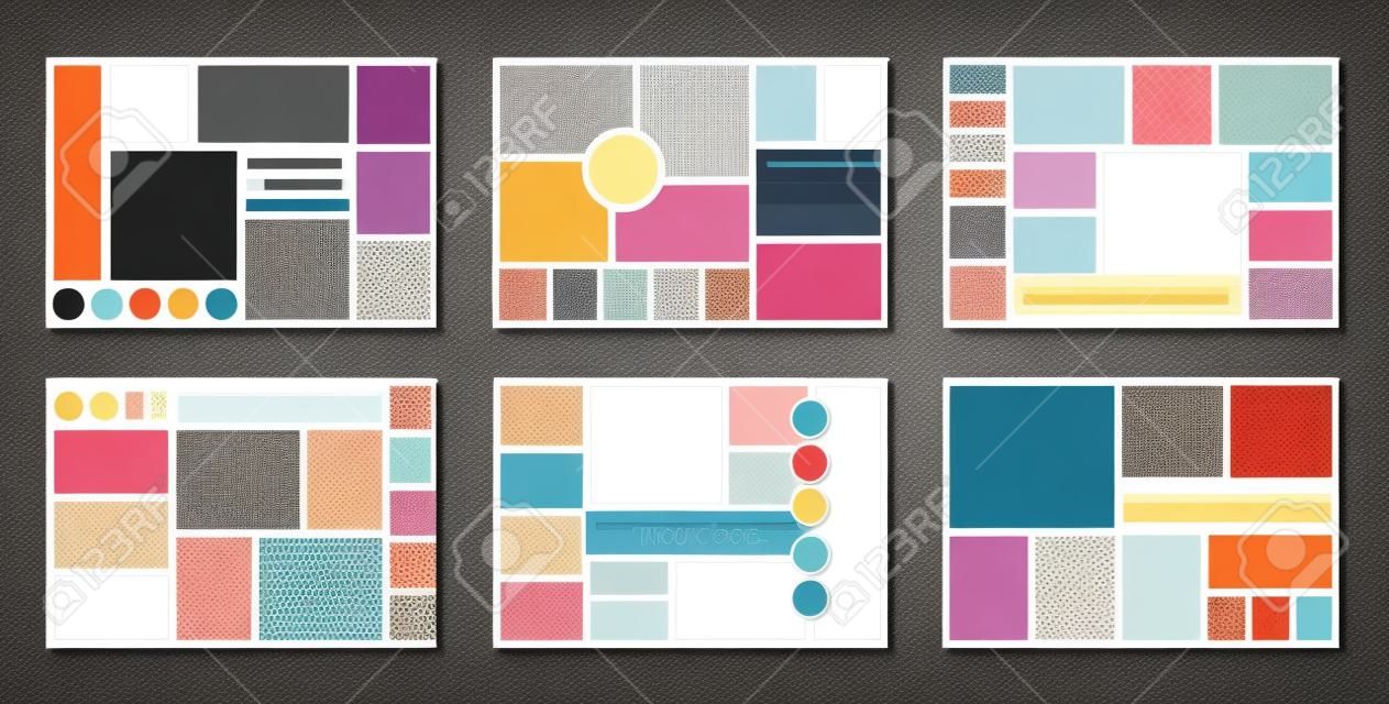 Moodboard layout. collage template. Mood board background. Mosaic pictures album grid. Montage photo images. Set of poster designs. Photomontage frames with color palette. vector illustration.