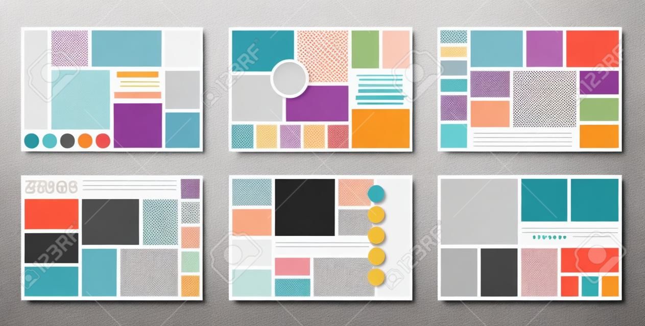 Moodboard layout. collage template. Mood board background. Mosaic pictures album grid. Montage photo images. Set of poster designs. Photomontage frames with color palette. vector illustration.