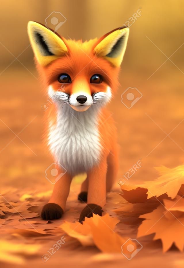 Ilustracja przedstawiająca szczeniaka lisa jesienią. renderowania 3D.