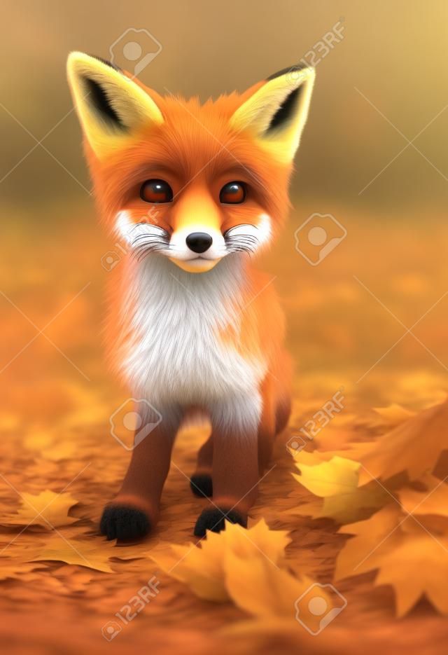 Illustration picture of a puppy fox in autumn. 3D render.