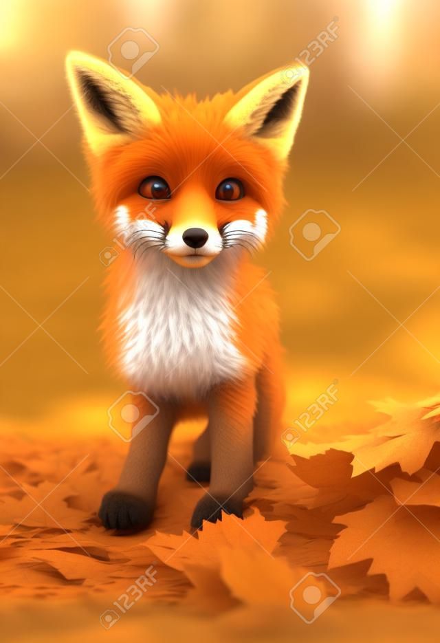 Afbeelding van een puppy vos in de herfst. 3D render.