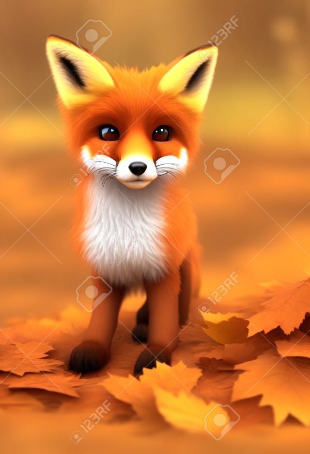 Illustration picture of a puppy fox in autumn. 3D render.